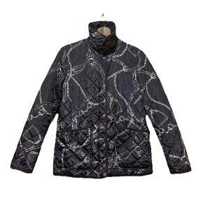 LAUREN RALPH LAUREN Belting-Print Quilted Jacket Navy Blue Equestrian Women's Sm